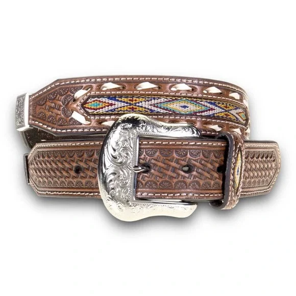 Nocona Mens Western Brown Leather Embossed Braided Belt Size 42 Conchos Inlay